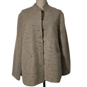 Orvis Lt Brown Tweed Wool Blazer Mandarin Collar Size L Women Button Up Made USA
